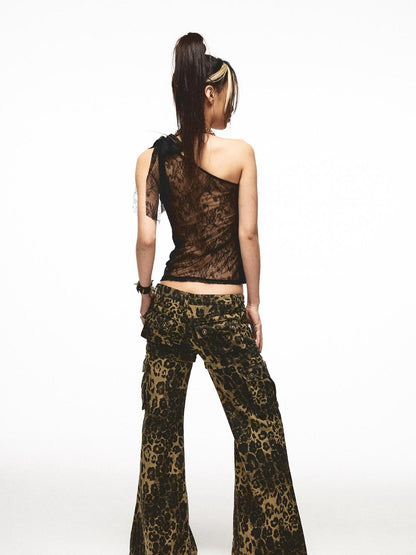 NONAME SPACE Single Shoulder Lace Patch Sheer Stretch Top