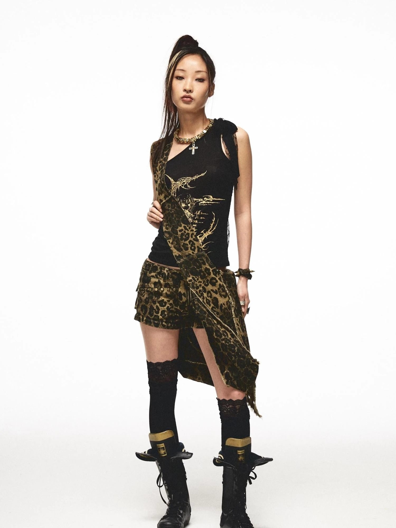 Single Shoulder Lace Patch Sheer Stretch Top