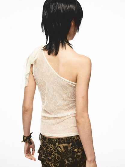 NONAME SPACE Single Shoulder Lace Patch Sheer Stretch Top