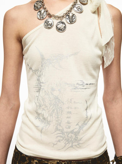 NONAME SPACE Single Shoulder Lace Patch Sheer Stretch Top