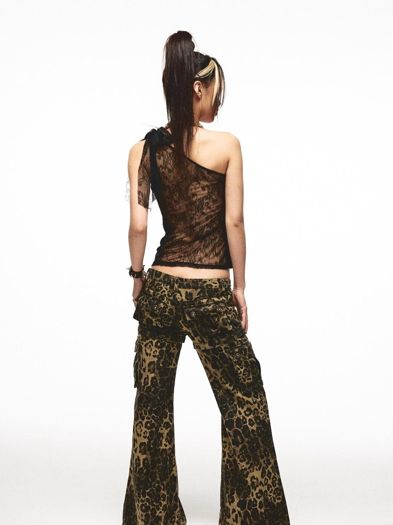 NONAME SPACE Single Shoulder Lace Patch Sheer Stretch Top