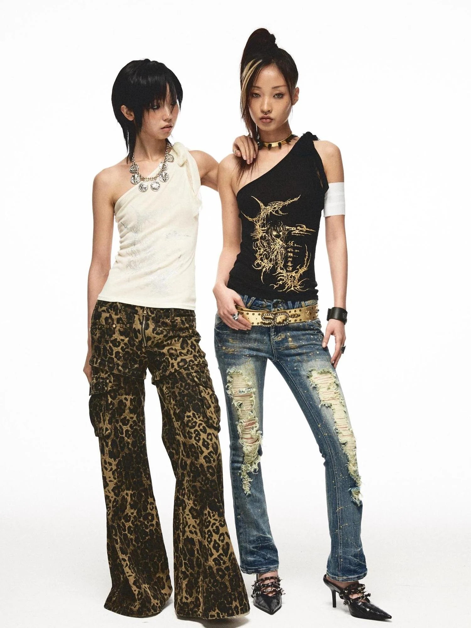 Single Shoulder Lace Patch Sheer Stretch Top