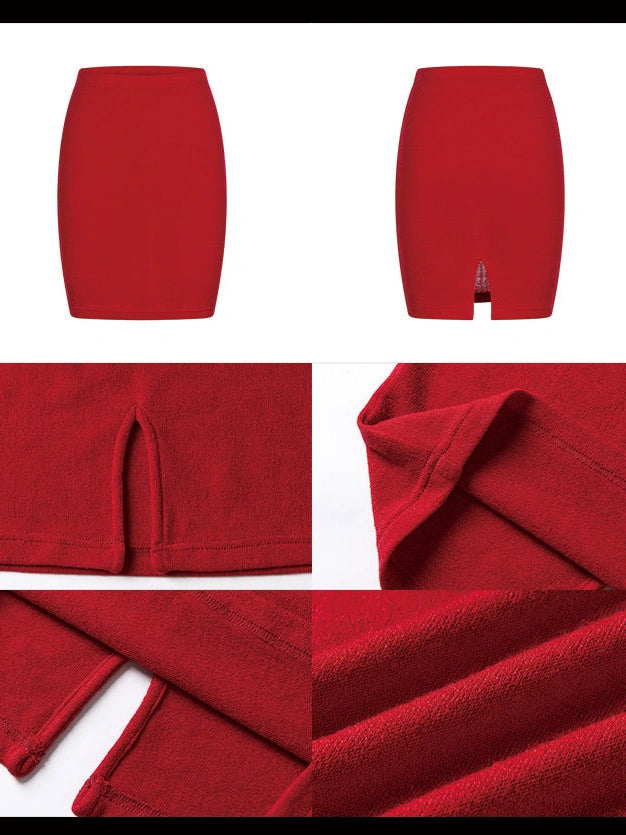 Red Lace Long Sleeve Knit With Asymmetric Pencil Skirt Set