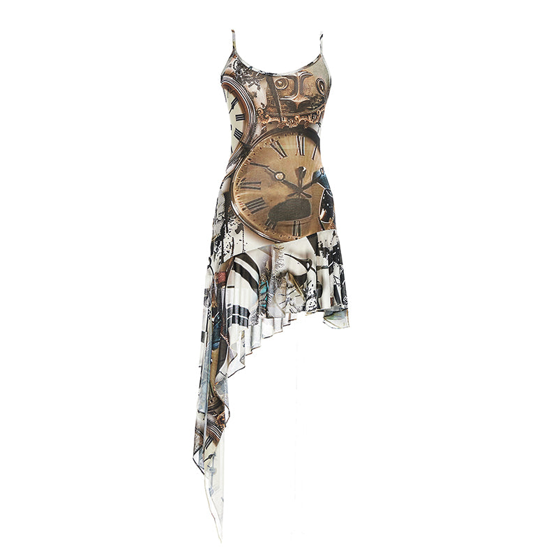 YOSHUYUKI Clock Print Mesh Slip Dress Asymmetric Hem Sheer V-Neck T-Shirt Long-Sleeve