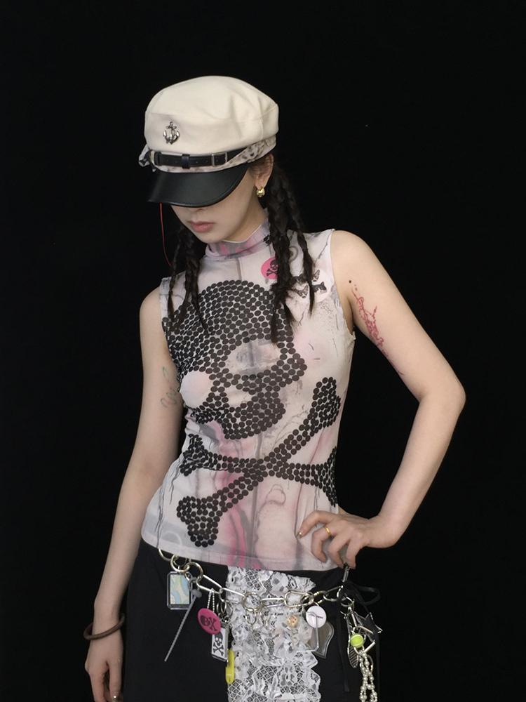 Skull Print Mesh Y2K Stretchy Crop Top T-shirt
