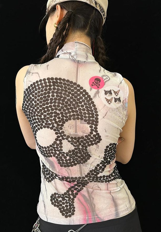 Skull Print Mesh Y2K Stretchy Crop Top T-shirt