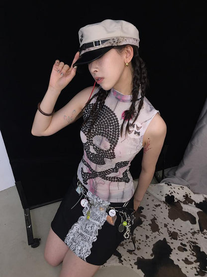 Skull Print Mesh Y2K Stretchy Crop Top T-shirt