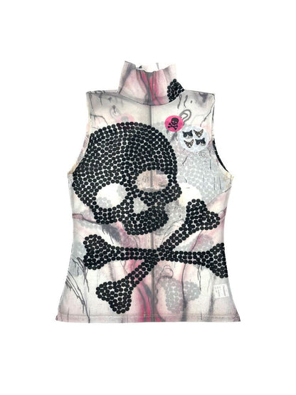 Skull Print Mesh Y2K Stretchy Crop Top T-shirt