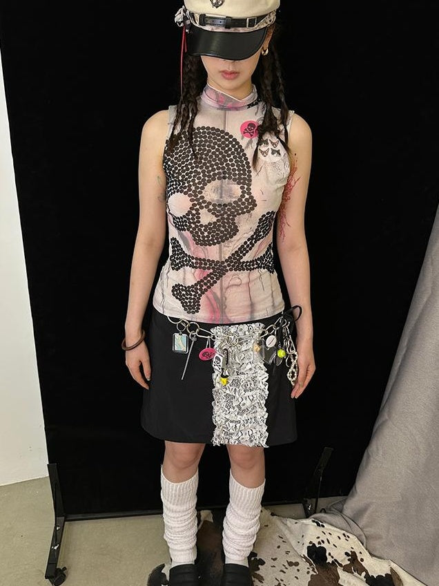 Skull Print Mesh Y2K Stretchy Crop Top T-shirt