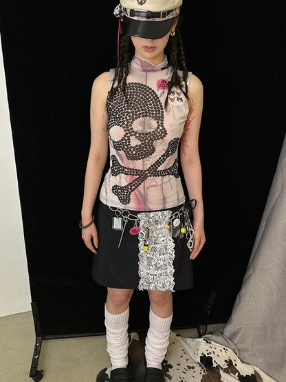 Skull Print Mesh Y2K Stretchy Crop Top T-shirt