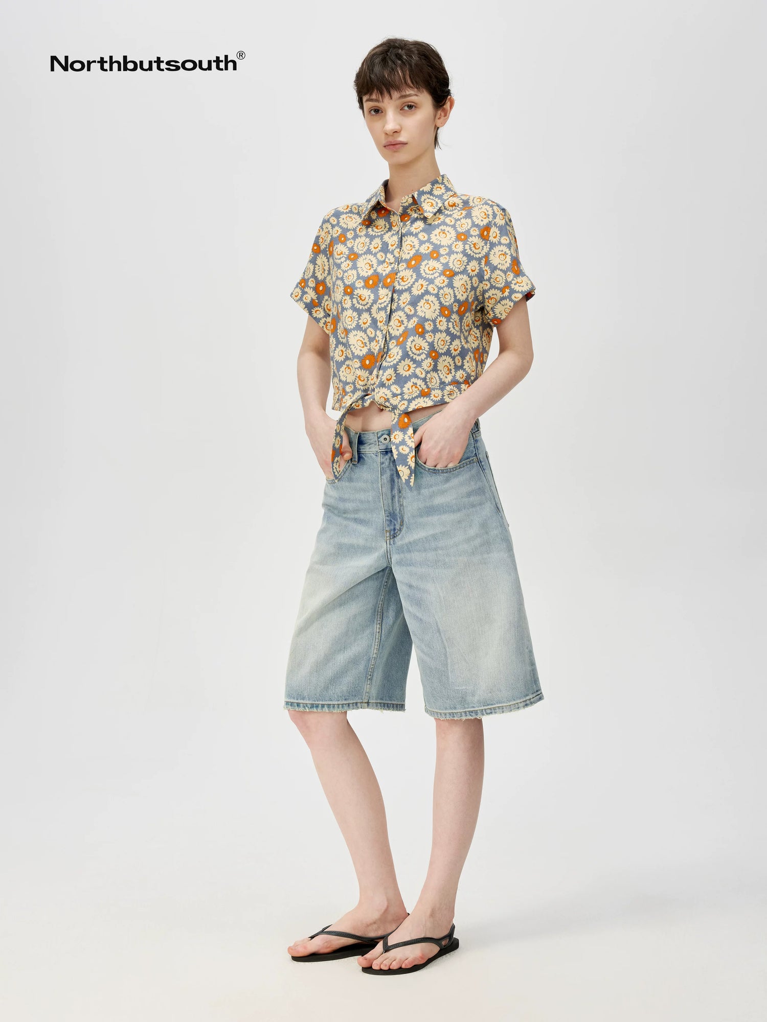 Sky Blue Classic Wash Mid Low Waist Denim Shorts