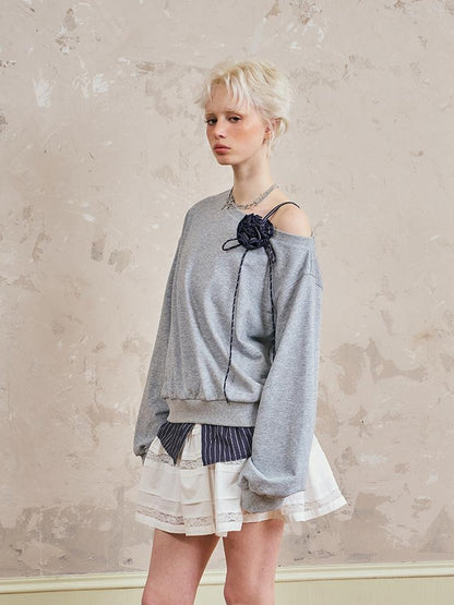 DIDDI MODA Slanted Shoulder Floral Ribbed Hem Sweatshirt