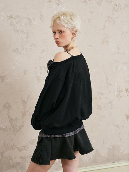 DIDDI MODA Slanted Shoulder Floral Ribbed Hem Sweatshirt
