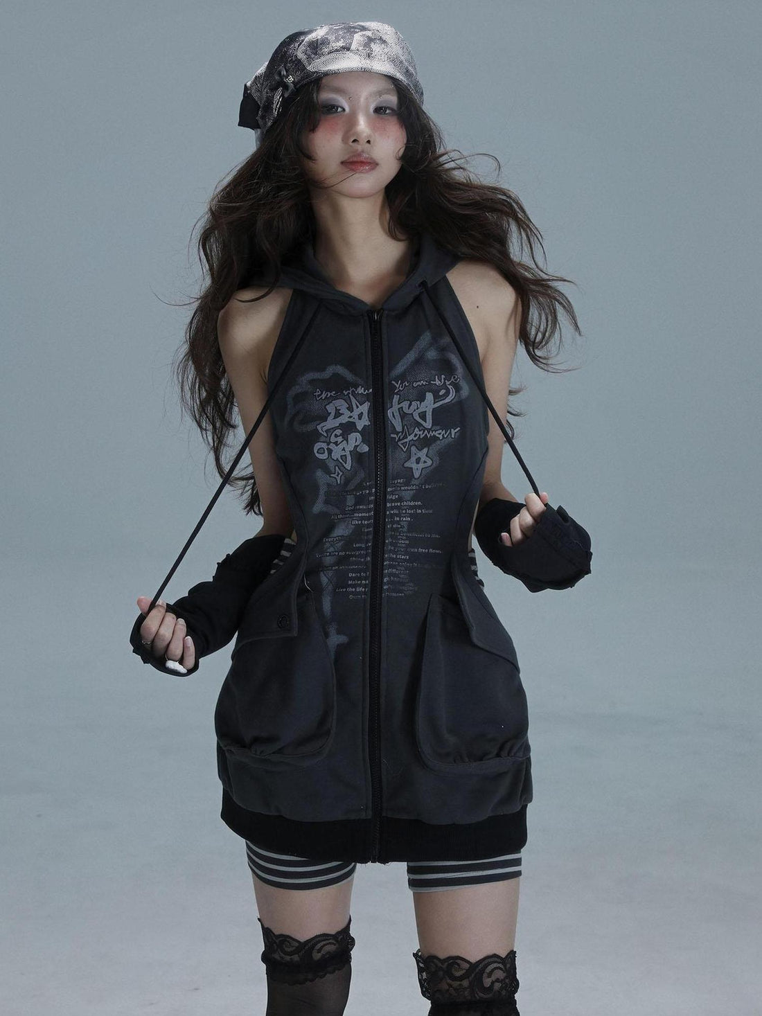 WSW WUSHENWU Sleepy Hollow Punk Cutout Hoodie Dress Set