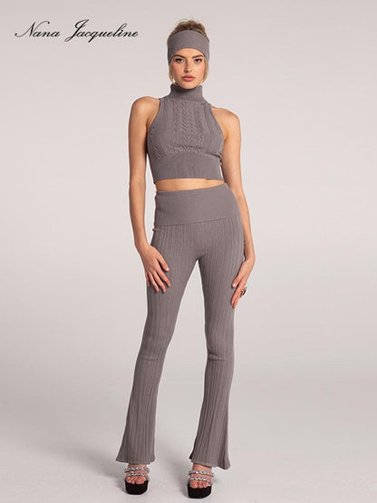 Sleeveless Knit Set with Bell Bottoms Women Outfits