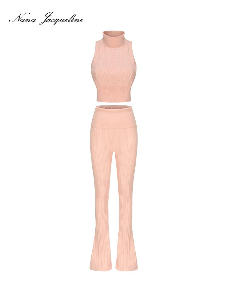 Sleeveless Knit Set with Bell Bottoms Women Outfits