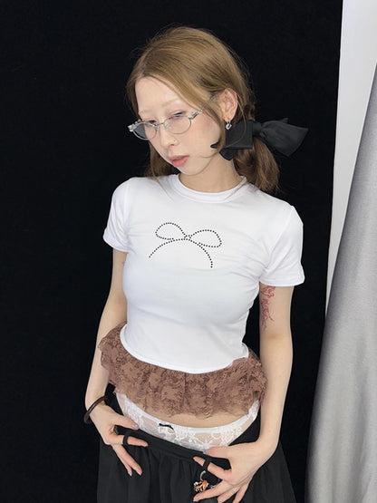 Sleeveless Layered Sexy Slim Lace Trim Rhinestone T-Shirt