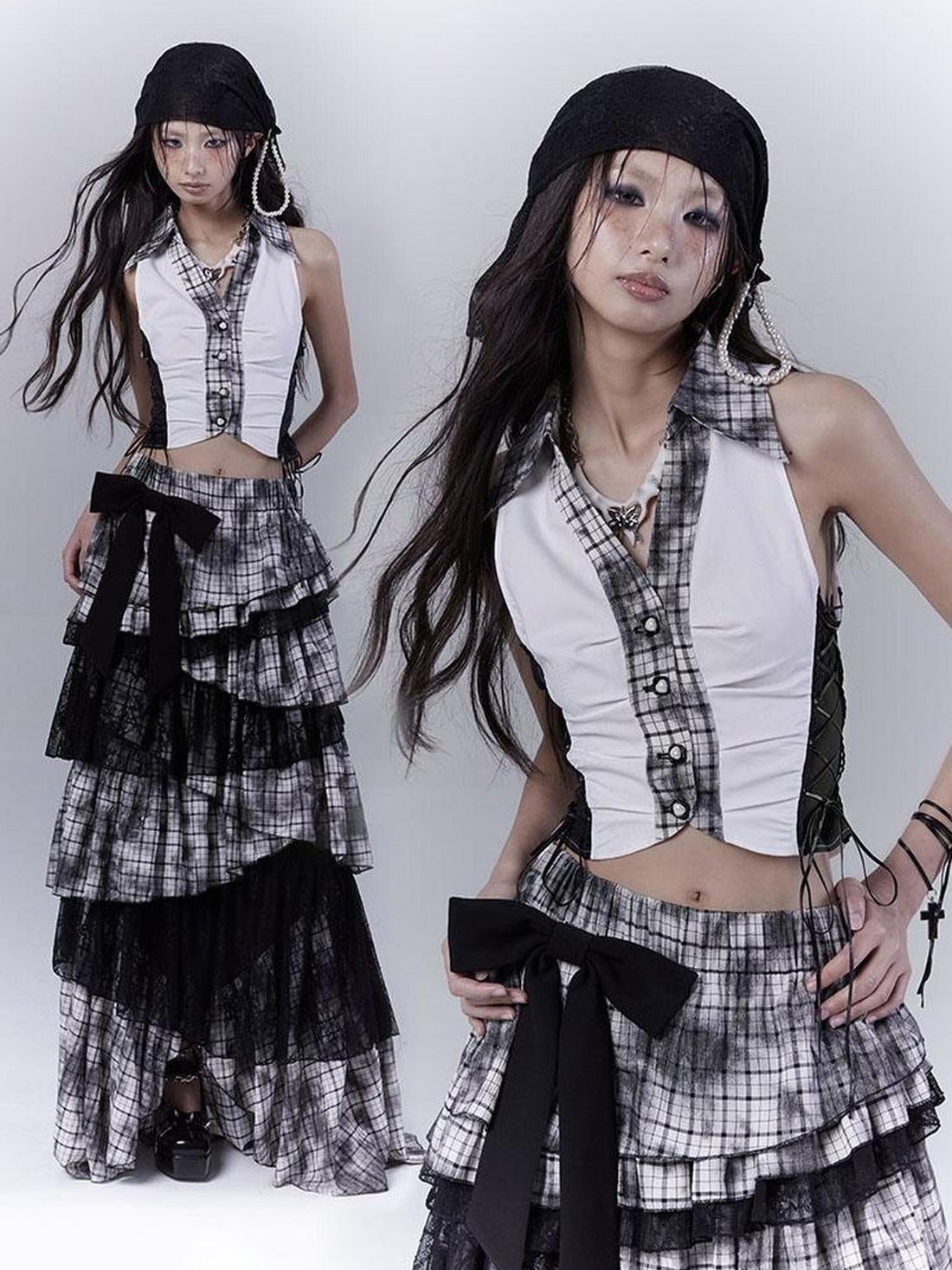 WSW WUSHENWU Slim Fit Checkered Spliced Shirt With Contrast Detailing
