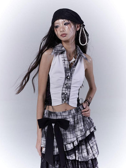 WSW WUSHENWU Slim Fit Checkered Spliced Shirt With Contrast Detailing