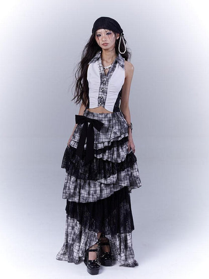 WSW WUSHENWU Slim Fit Checkered Spliced Shirt With Contrast Detailing