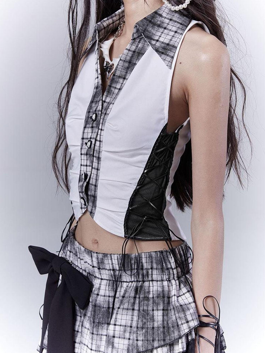 WSW WUSHENWU Slim Fit Checkered Spliced Shirt With Contrast Detailing