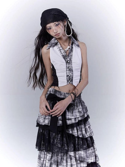 Slim Fit Checkered Spliced Shirt With Contrast Detailing