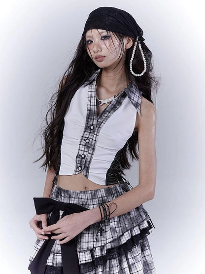 Slim Fit Checkered Spliced Shirt With Contrast Detailing