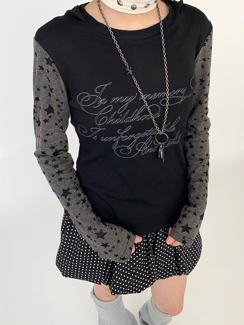 Slim Fit Hooded Round Neck Printed Patchwork T-Shirt
