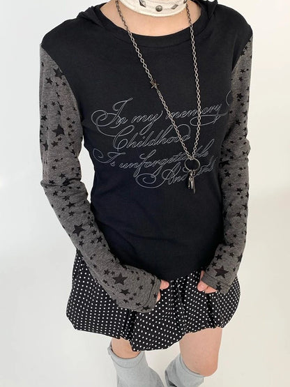 Slim Fit Hooded Round Neck Printed Patchwork T-Shirt