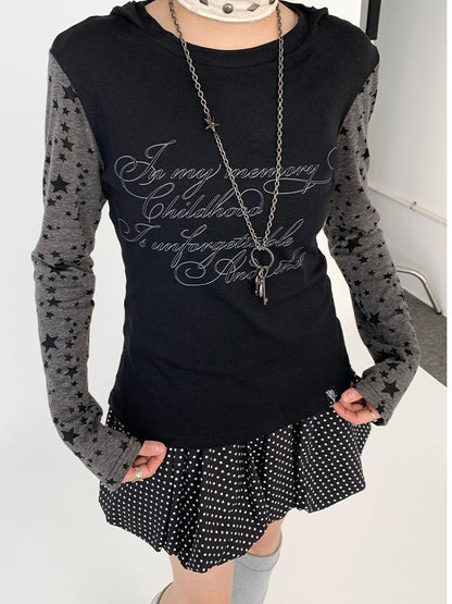Slim Fit Hooded Round Neck Printed Patchwork T-Shirt