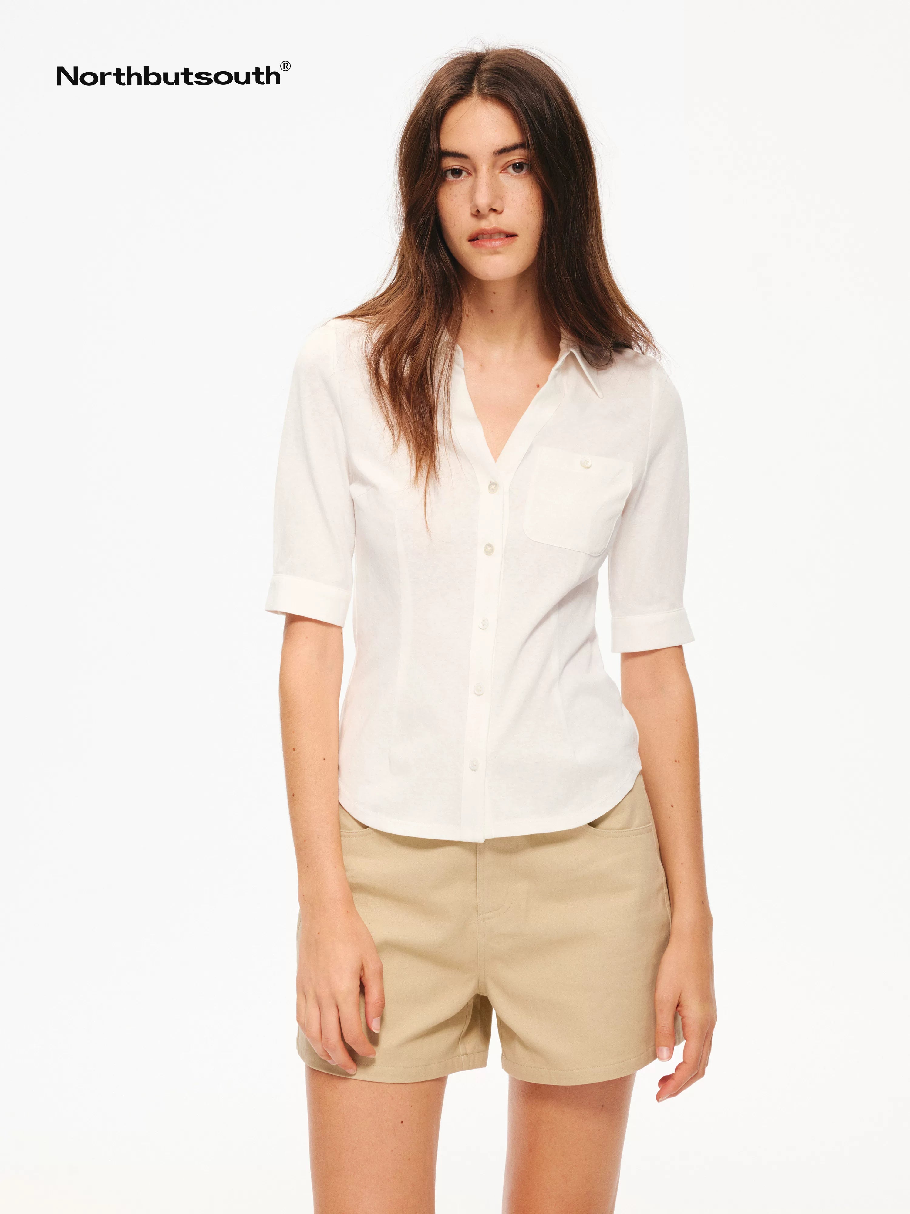 Snowflake Texture Lightweight Slim Fit V-neck Mid Sleeve Women&