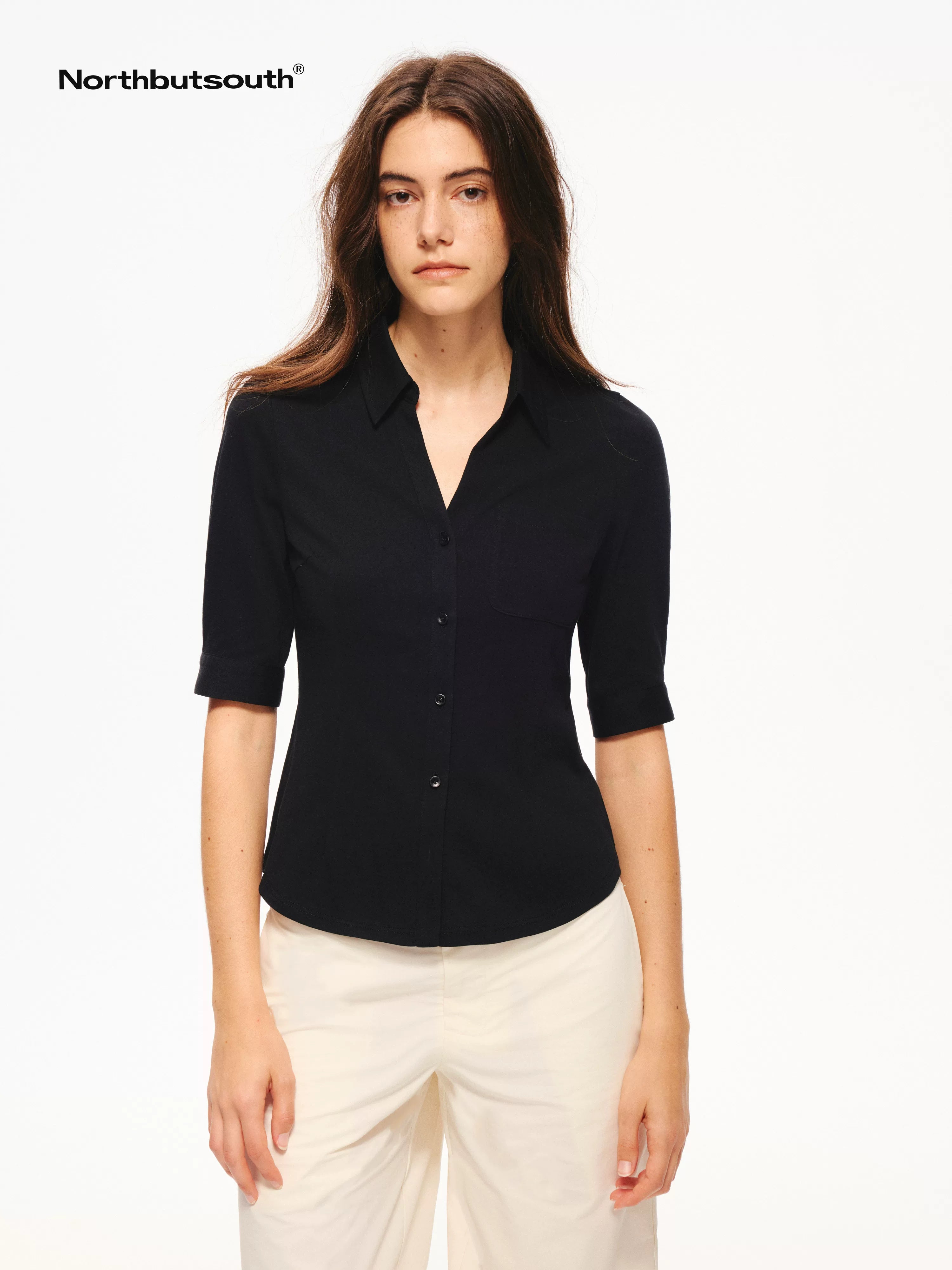Snowflake Texture Lightweight Slim Fit V-neck Mid Sleeve Women&