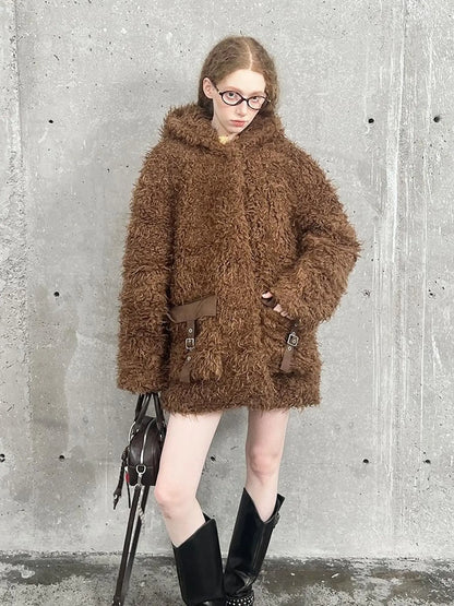 Soft Curly Faux Fur Hooded Coat