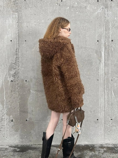 Soft Curly Faux Fur Hooded Coat