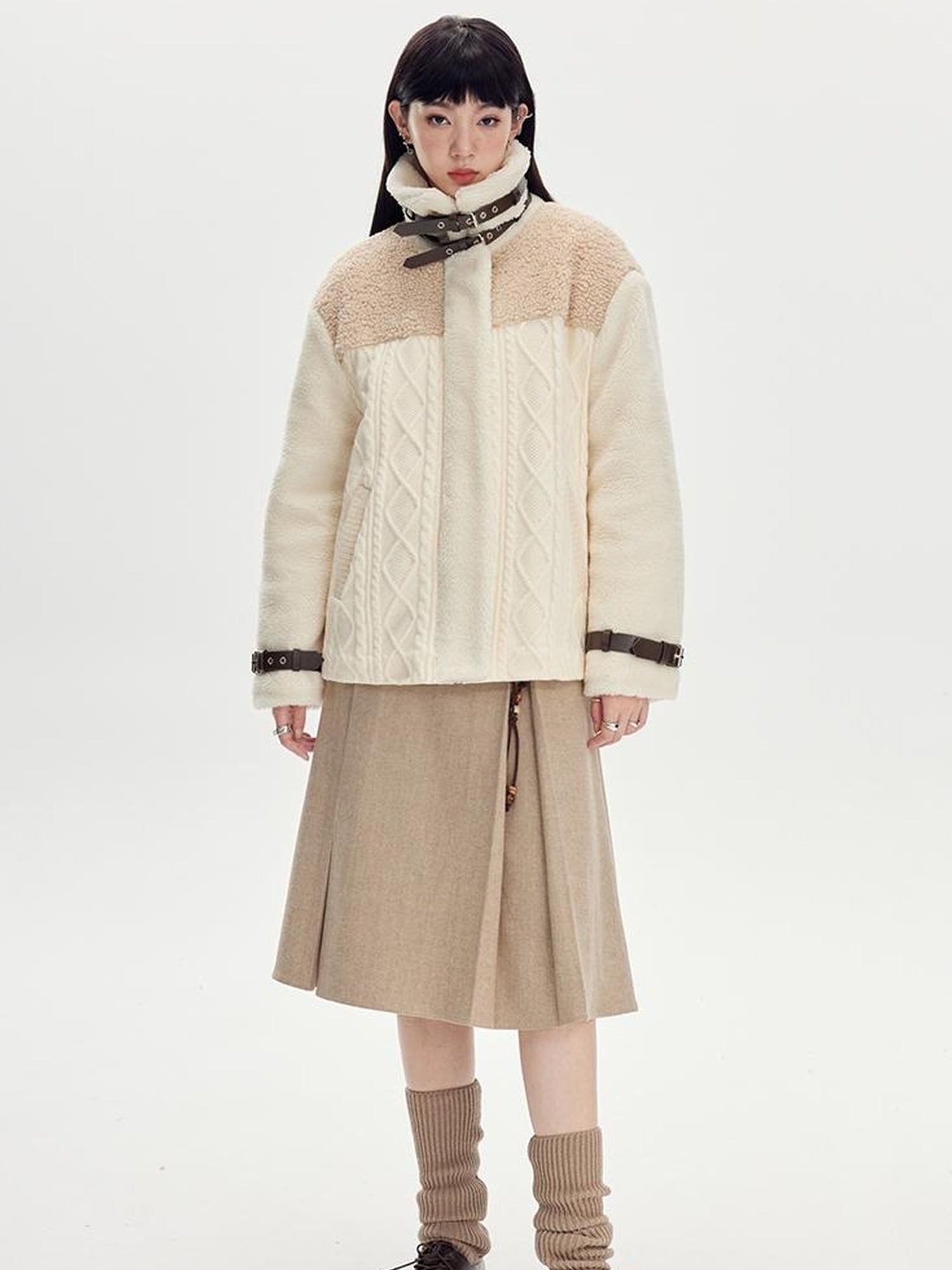 DIDDI MODA Soft Knit Biker Jacket With Fleece And Cable Trim