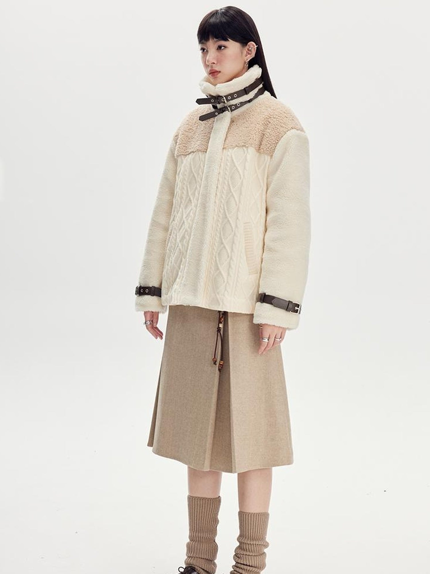 DIDDI MODA Soft Knit Biker Jacket With Fleece And Cable Trim