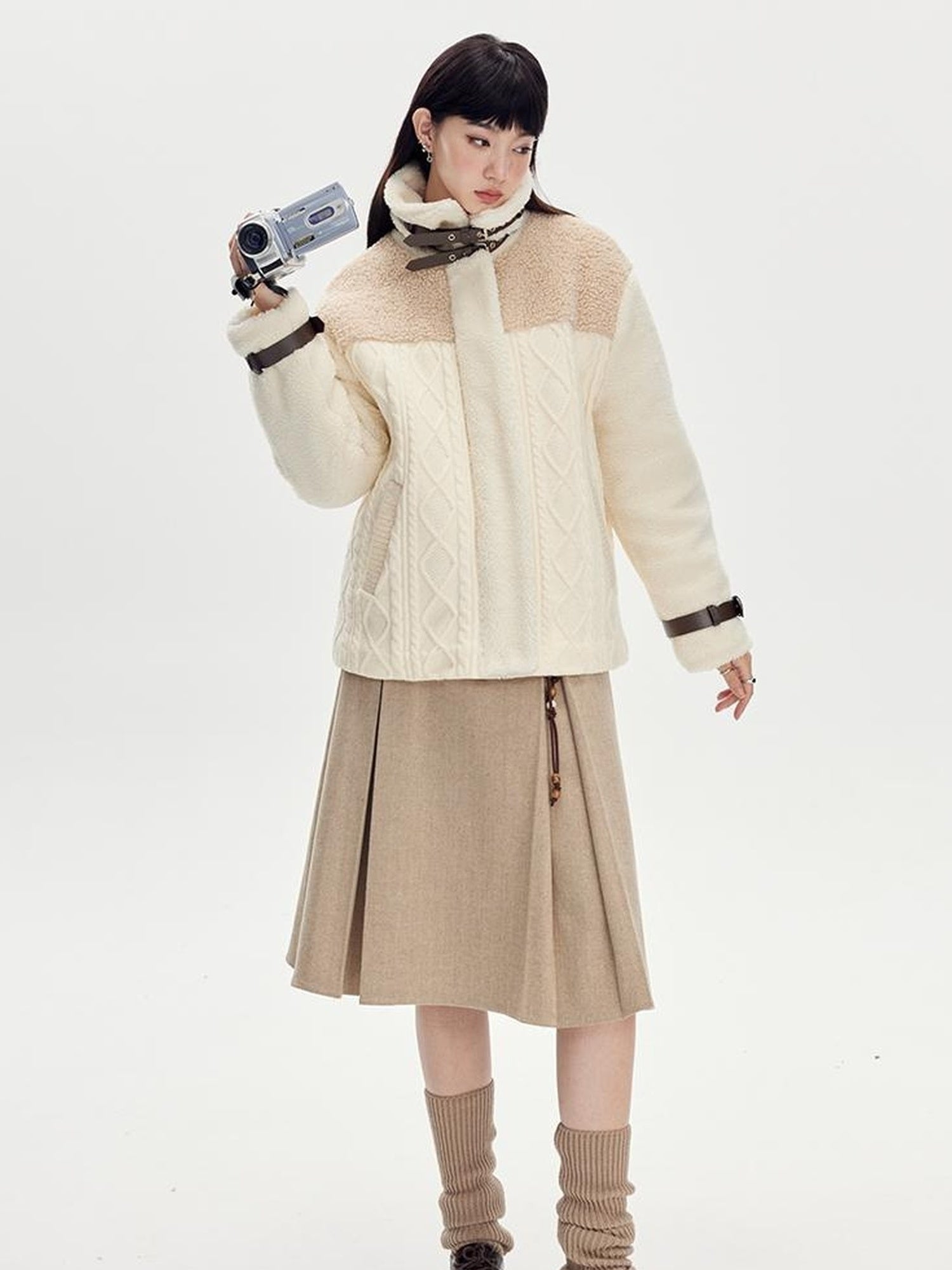 DIDDI MODA Soft Knit Biker Jacket With Fleece And Cable Trim