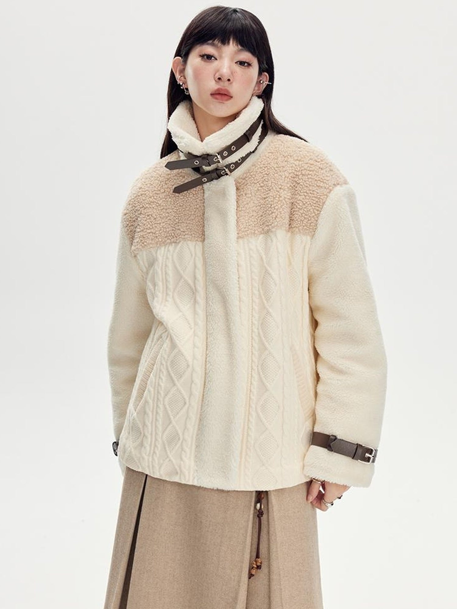 DIDDI MODA Soft Knit Biker Jacket With Fleece And Cable Trim