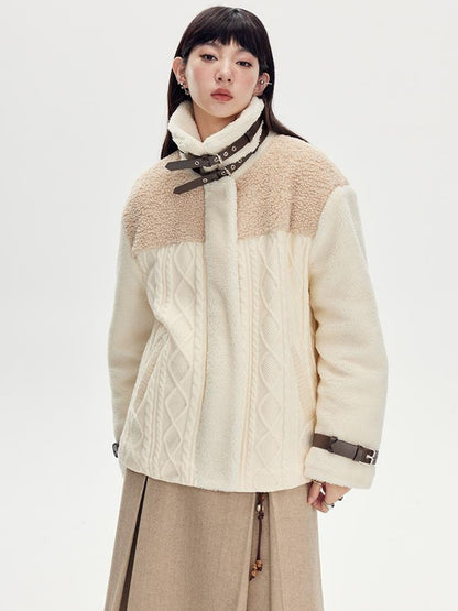 DIDDI MODA Soft Knit Biker Jacket With Fleece And Cable Trim