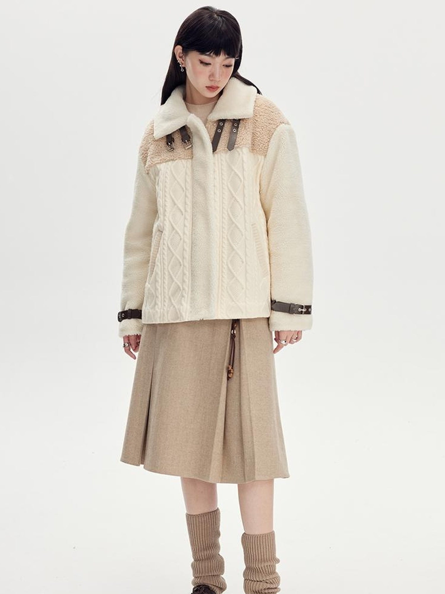 DIDDI MODA Soft Knit Biker Jacket With Fleece And Cable Trim