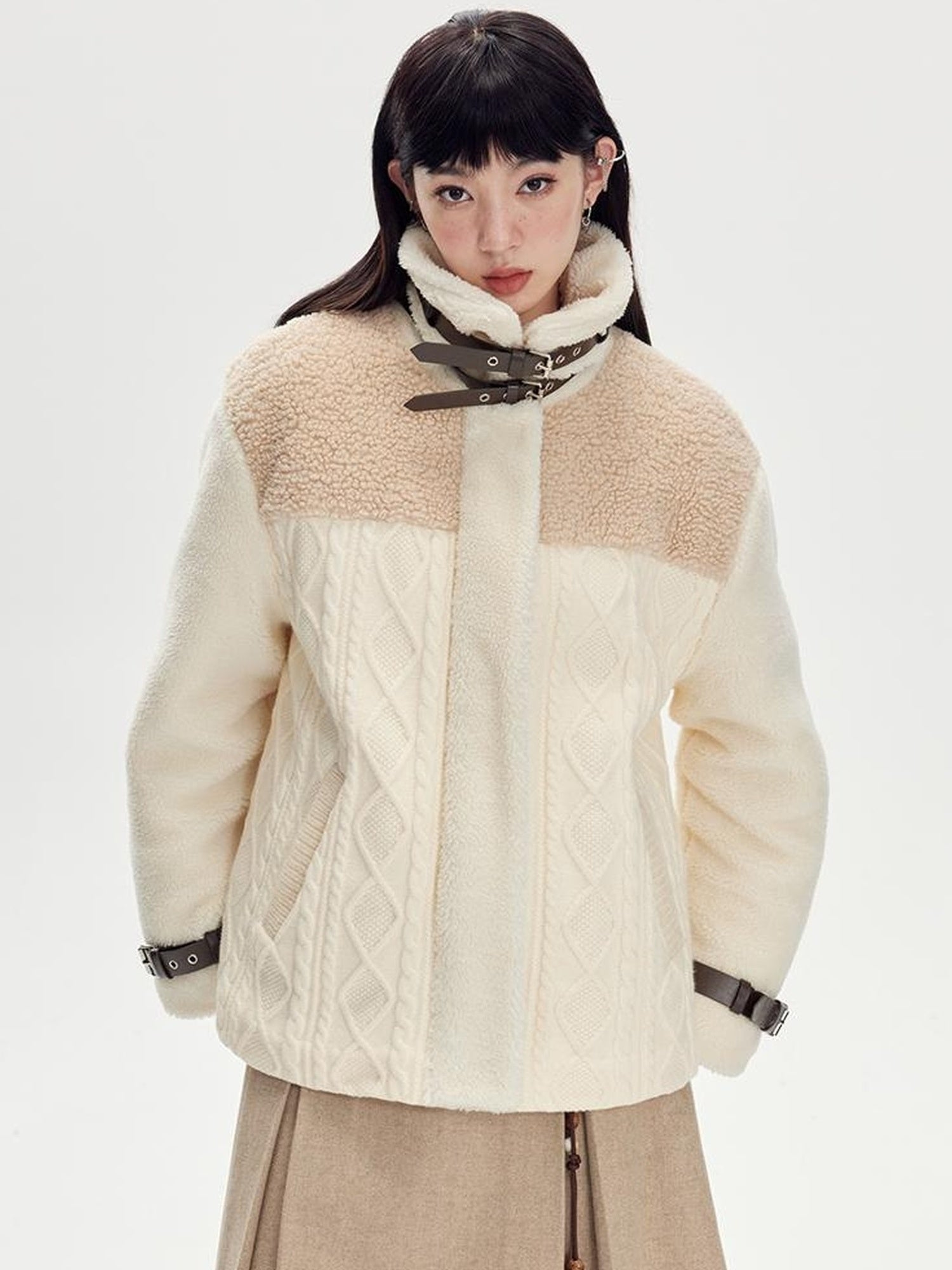 DIDDI MODA Soft Knit Biker Jacket With Fleece And Cable Trim