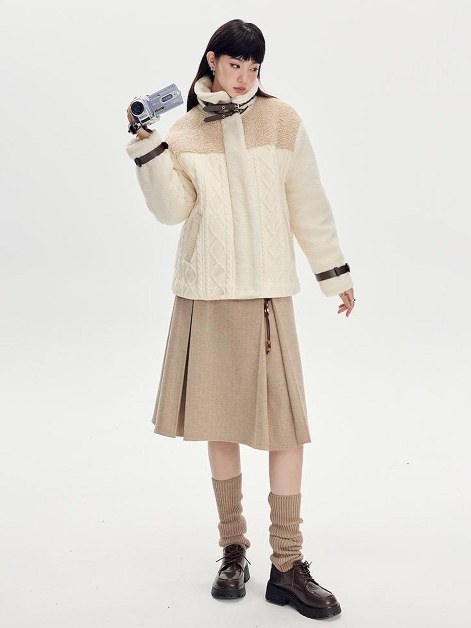 DIDDI MODA Soft Knit Biker Jacket With Fleece And Cable Trim