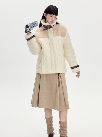 DIDDI MODA Soft Knit Biker Jacket With Fleece And Cable Trim