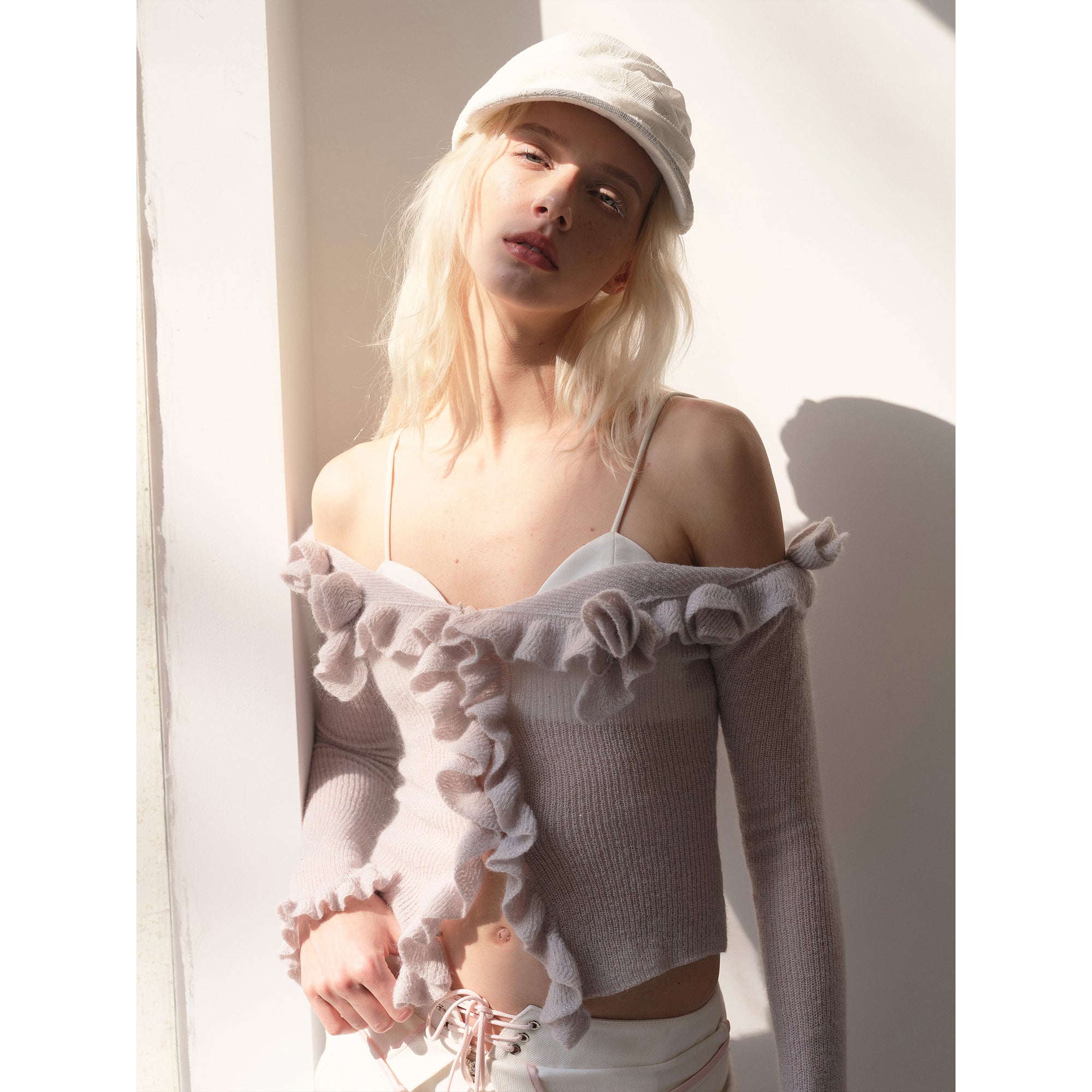 2th Desire Fluffy Luminous Knit Top With Lace Trim Off Shoulder Long Sleeve