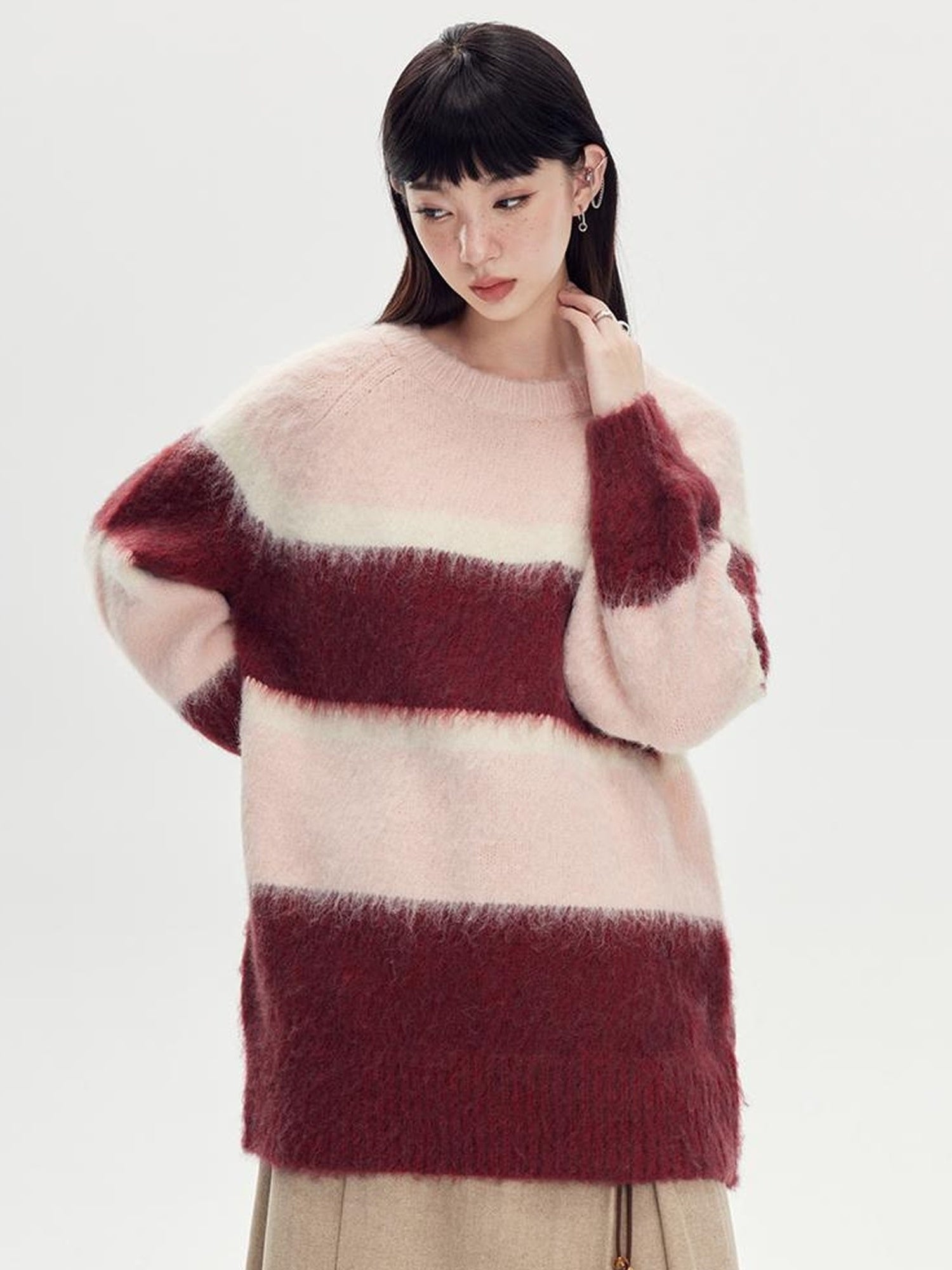 DIDDI MODA Soft Striped Knit Sweater With Colorblock Shoulder Cutout