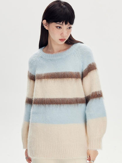DIDDI MODA Soft Striped Knit Sweater With Colorblock Shoulder Cutout