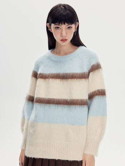 DIDDI MODA Soft Striped Knit Sweater With Colorblock Shoulder Cutout