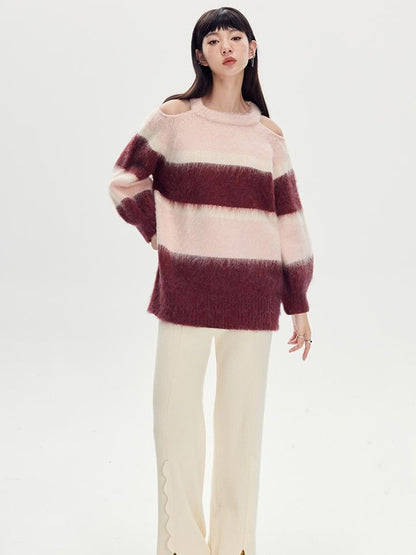 DIDDI MODA Soft Striped Knit Sweater With Colorblock Shoulder Cutout