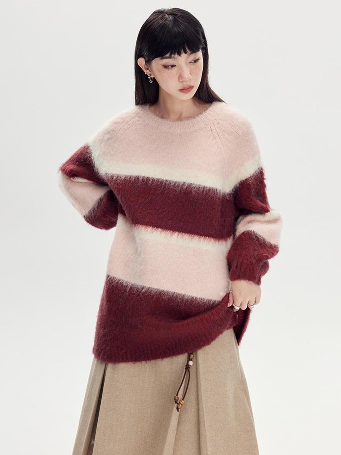 DIDDI MODA Soft Striped Knit Sweater With Colorblock Shoulder Cutout