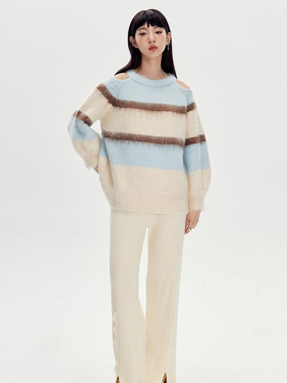 DIDDI MODA Soft Striped Knit Sweater With Colorblock Shoulder Cutout